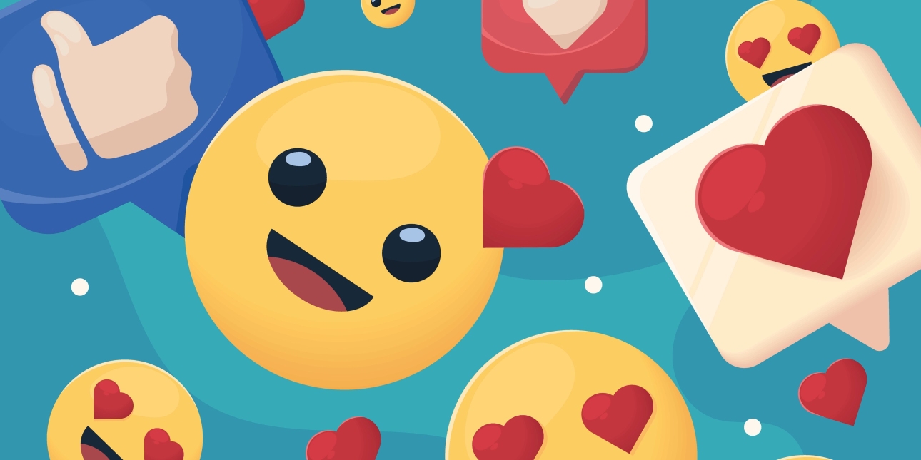 Illustration of various emojis (hearts, smiling faces, thumbs up etc.)